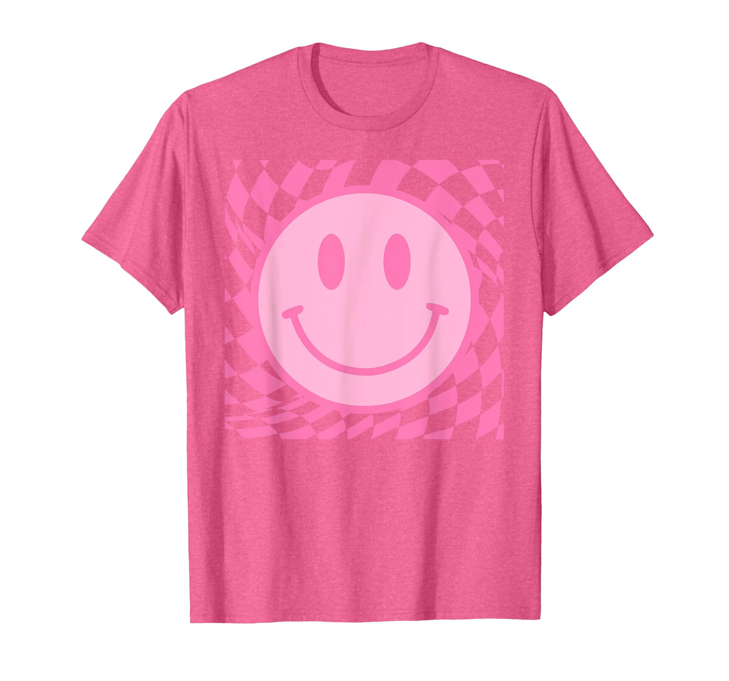 Retro Happy Smile Face Smiling Checkered Pattern Pink Trendy T-Shirt