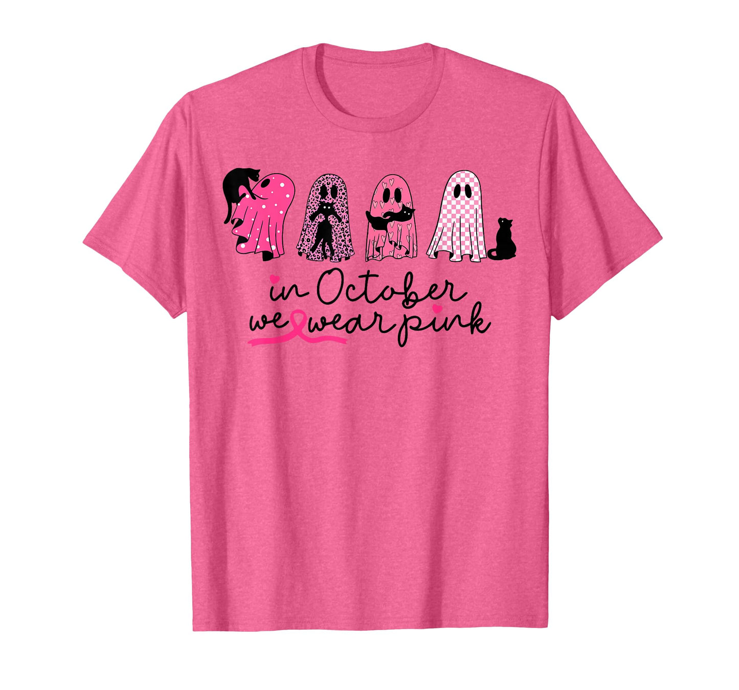 in October We Wear Pink Ghost Cat Halloween Breast Cancer T-Shirt