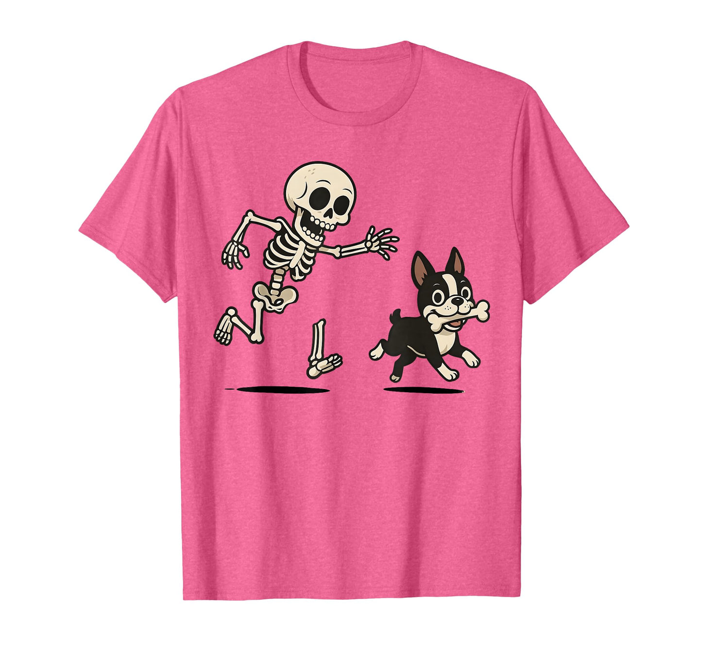 Skeleton Chasing Dog Boston Terrier Halloween Mom Pet Lover T-Shirt