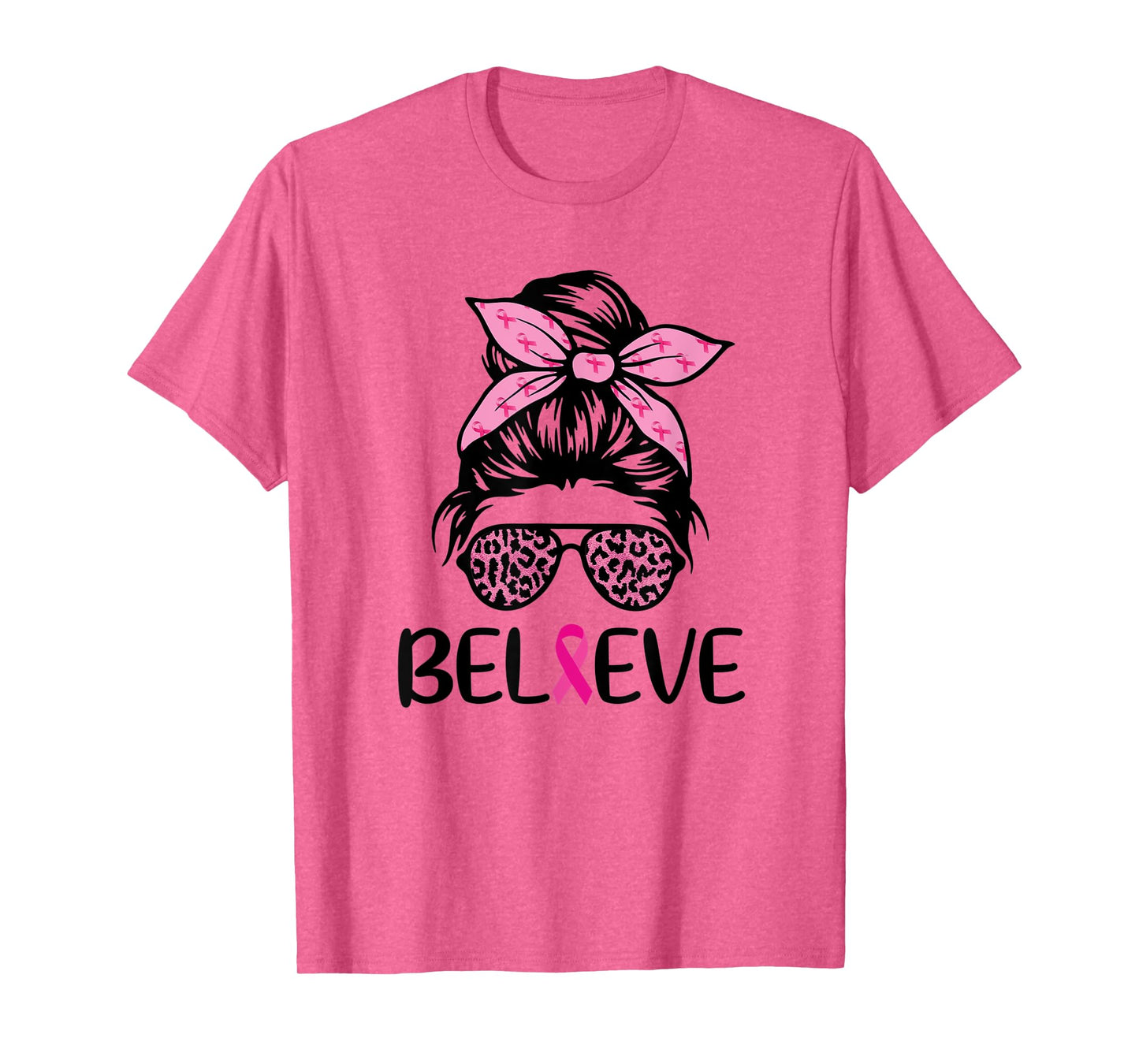 Believe Messy Bun Leopard Ribbon Breast Cancer Awareness T-Shirt