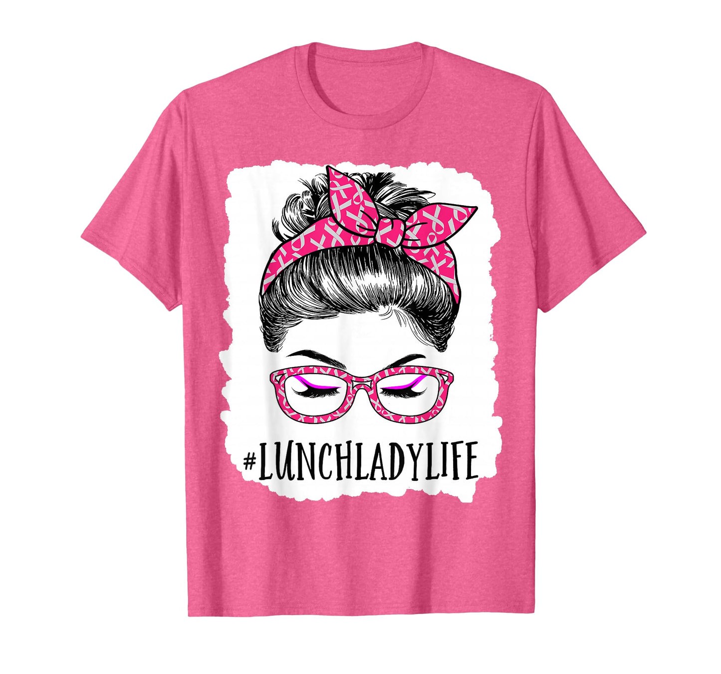 Lunch Lady In October We Wear Pink Messy Bun Cancer T-Shirt