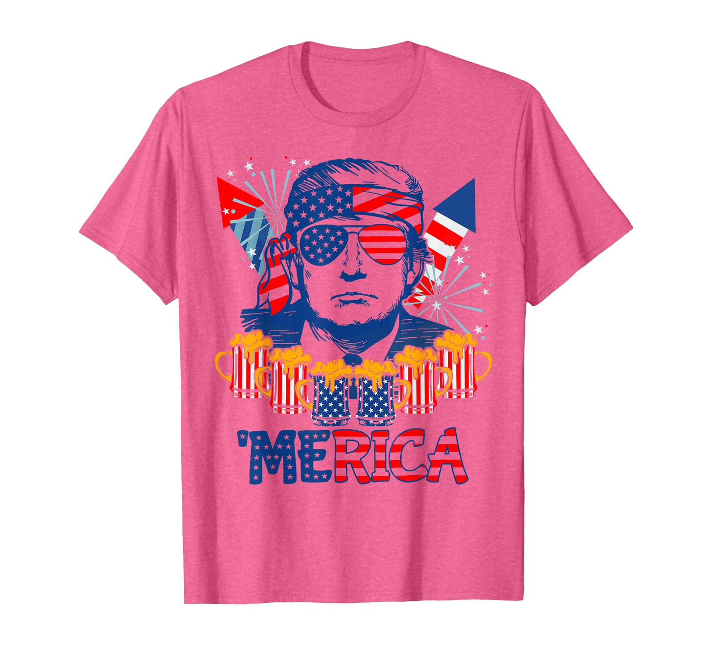 'MERICA TRUMP Drink Beer 4th Of July American Flag Fireworks T-Shirt for Women Men