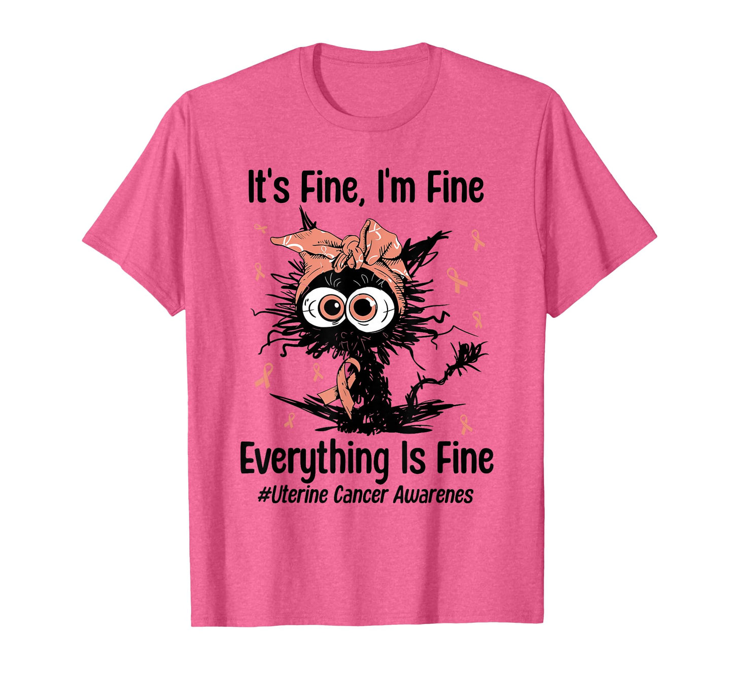 Motivational Uterine Cancer Awareness Cat Kitty Ribbon Peach T-Shirt