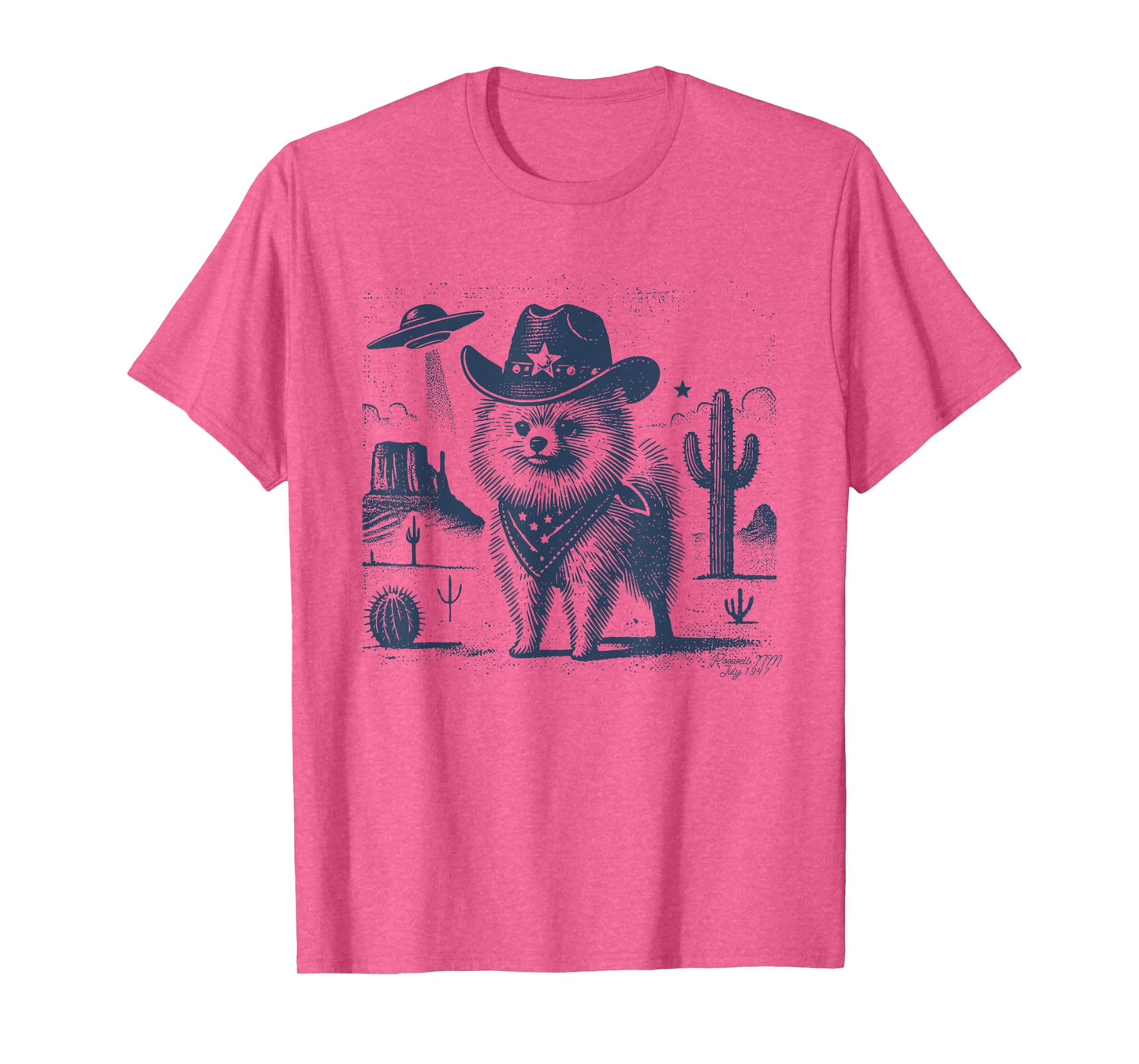 Pomeranian Cowboy Dog Vintage UFO Wild Western Desert Alien T-Shirt