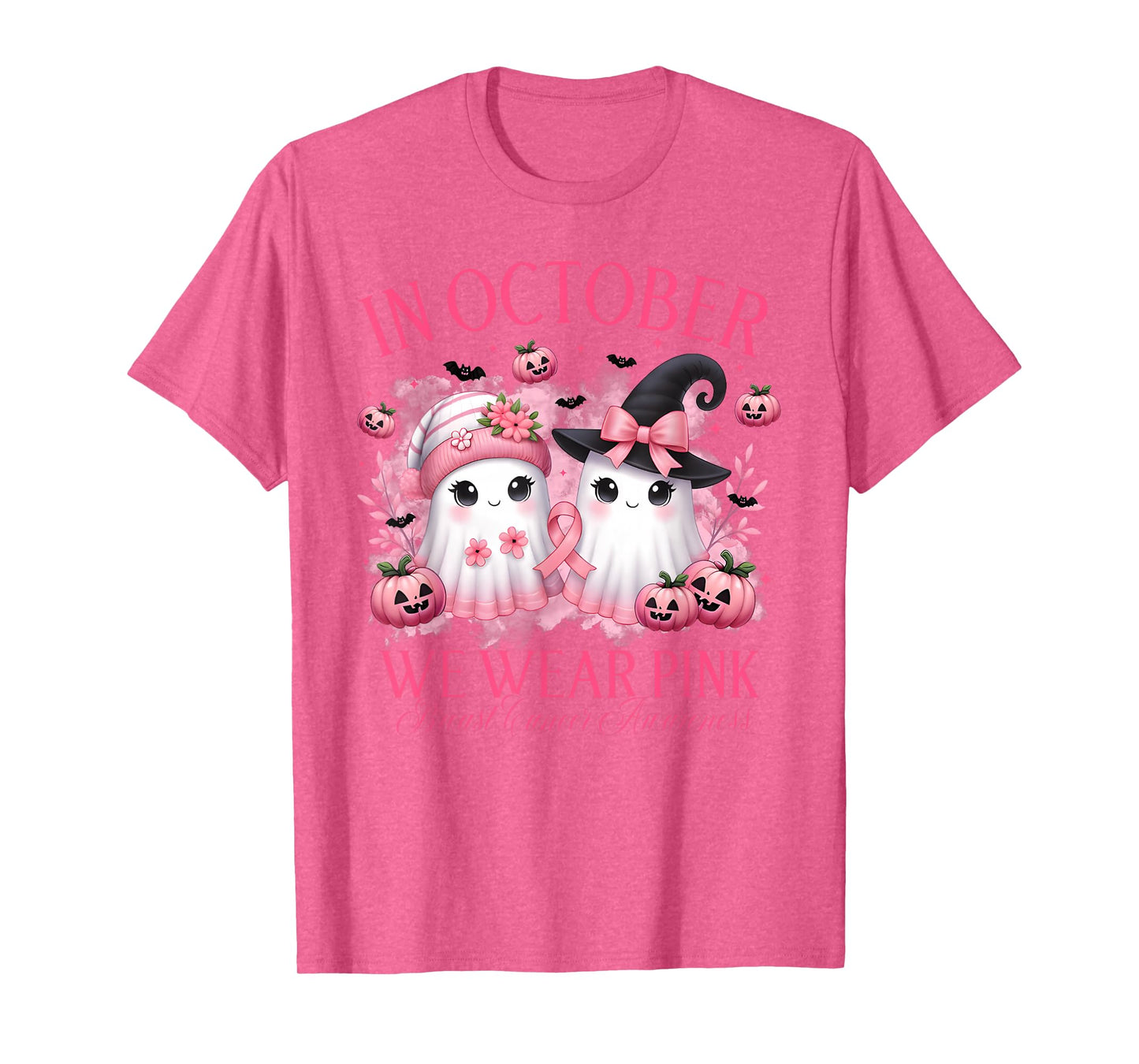 in October We Wear Pink Ghost Witch Breast Cancer Awareness T-Shirt