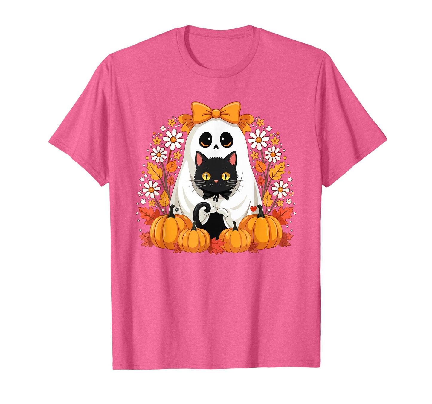 Aesthetic Flower Ghost Holding Black Cat Halloween Women T-Shirt