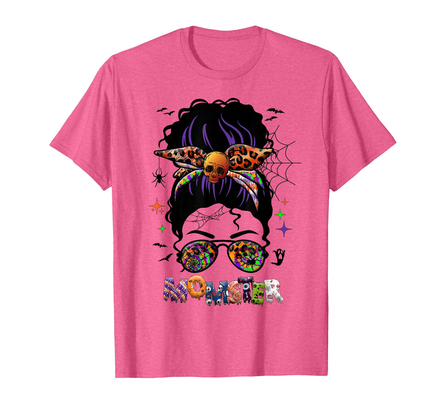 Momster Messy Bun Tie Dye Leopard Skull Halloween Costume T-Shirt