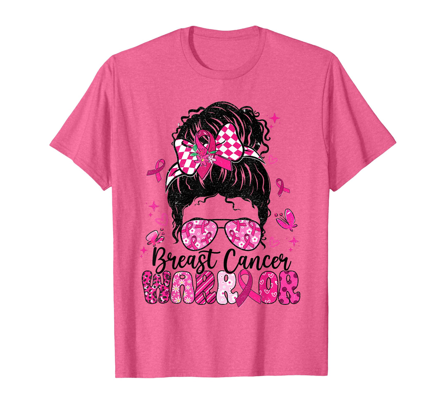 Warrior Messy Bun Pink Ribbon Breast Cancer Awareness T-Shirt