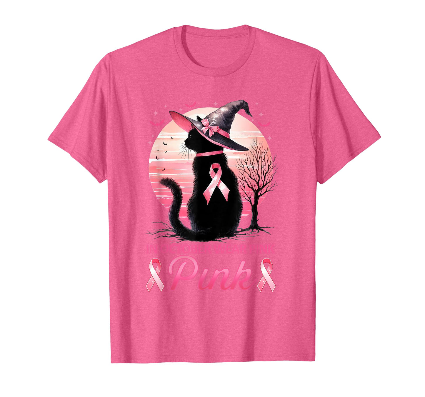 Cat In October We Wear Pink Ribbon Breast Cancer Awareness T-Shirt