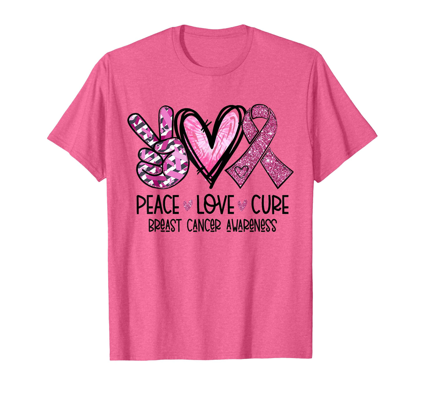 Peace Love Cure Pink Ribbon Cancer Breast Awareness T-Shirt