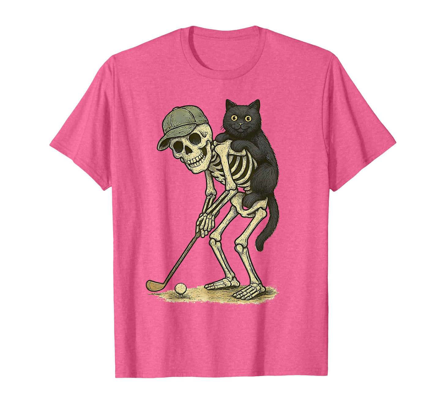 Skeleton Golf Hugging Black Cat Halloween Cat Lover Dad Mens T-Shirt