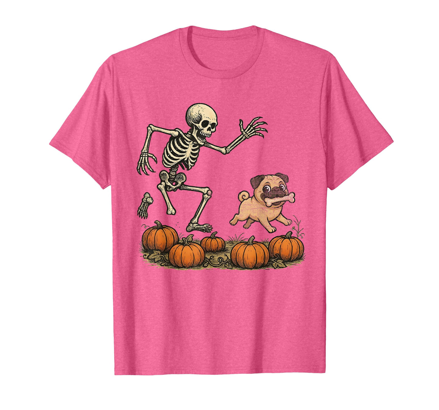 Funny Skeleton Chasing Pug Halloween Dog Mom Pet Lover T-Shirt