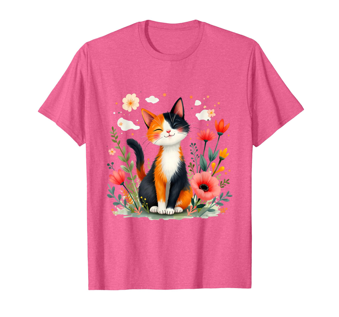 Smiling Calico Cat Cute Floral Kitten Cartoon Kitty Outdoors T-Shirt