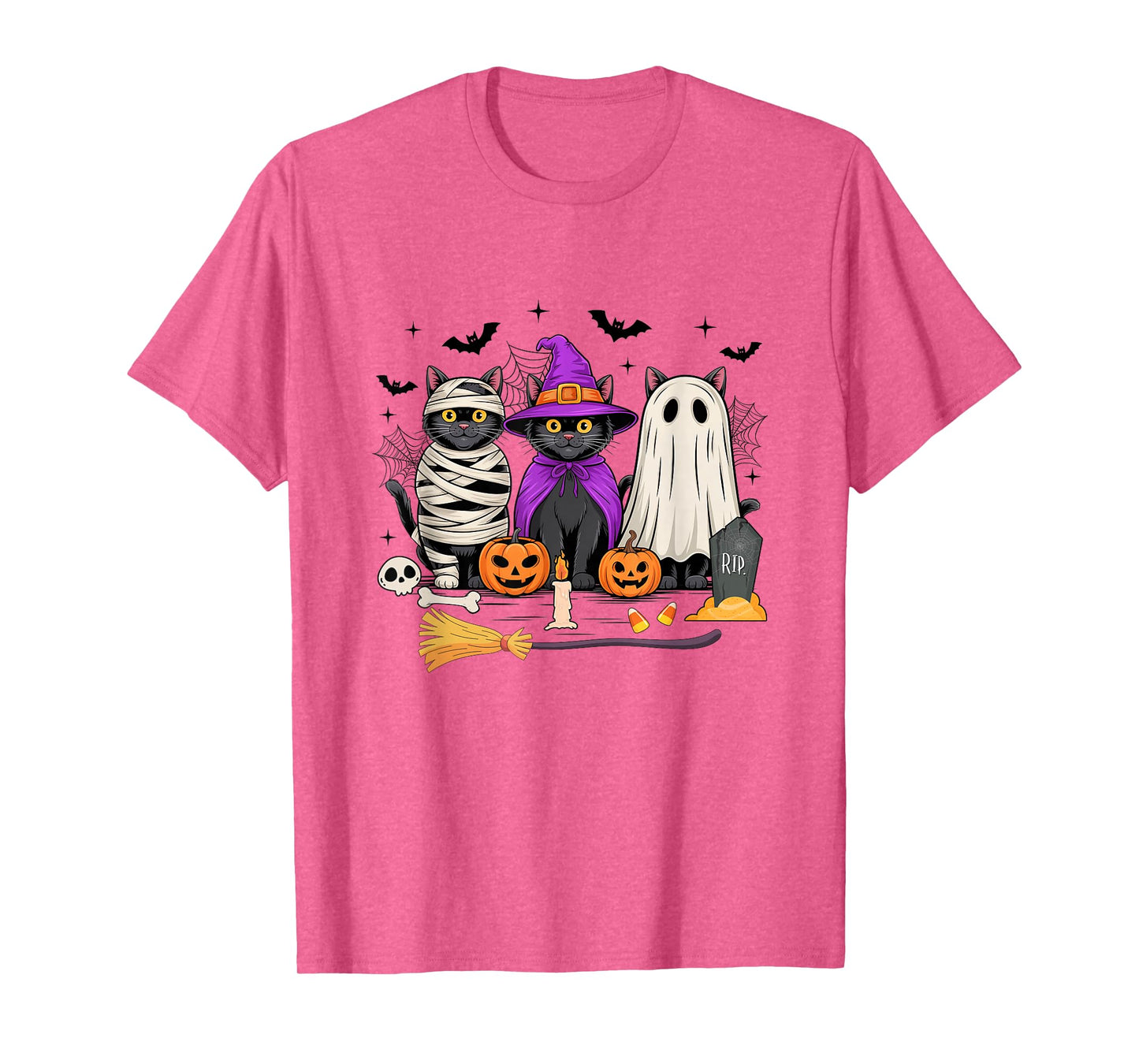 Retro Black Cat Witch Scary Halloween Pumpkin Women Men Kids T-Shirt