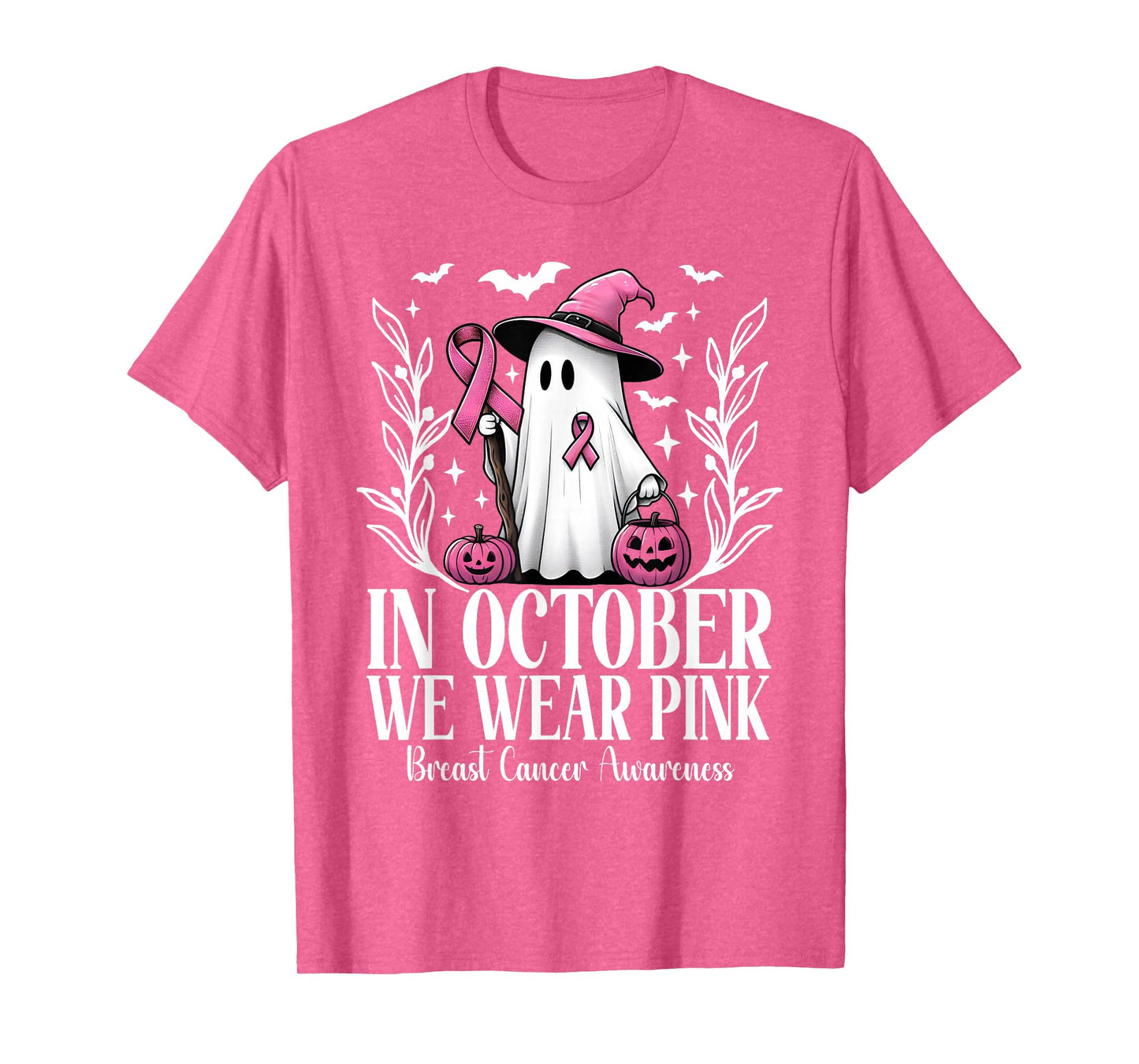 In October We Wear Pink Breast Cancer Ghost Witch Halloween T-Shirt