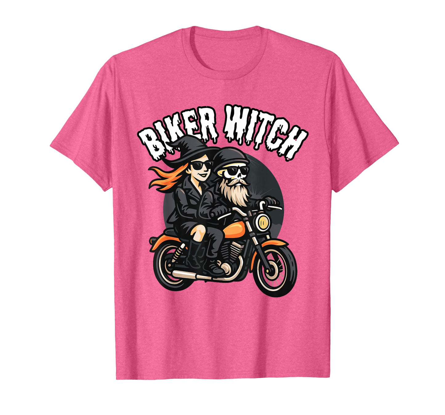 Halloween Funny Biker Witch & Skeleton Riding a Motorcycle T-Shirt
