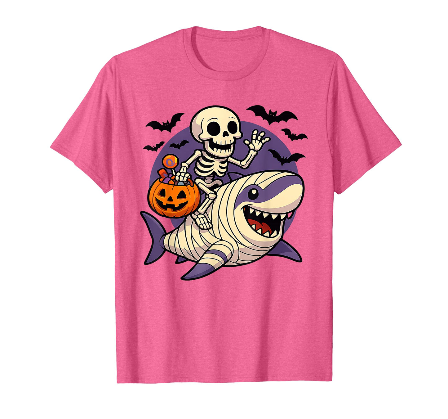 Skeleton Riding Mummy Shark Funny Halloween Pumpkin Kids T-Shirt