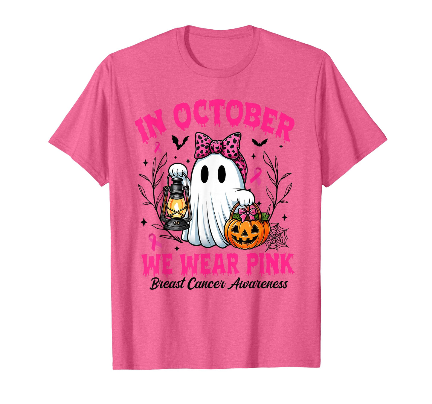 in October We Wear Pink Ghost Witch Breast Cancer Awareness T-Shirt