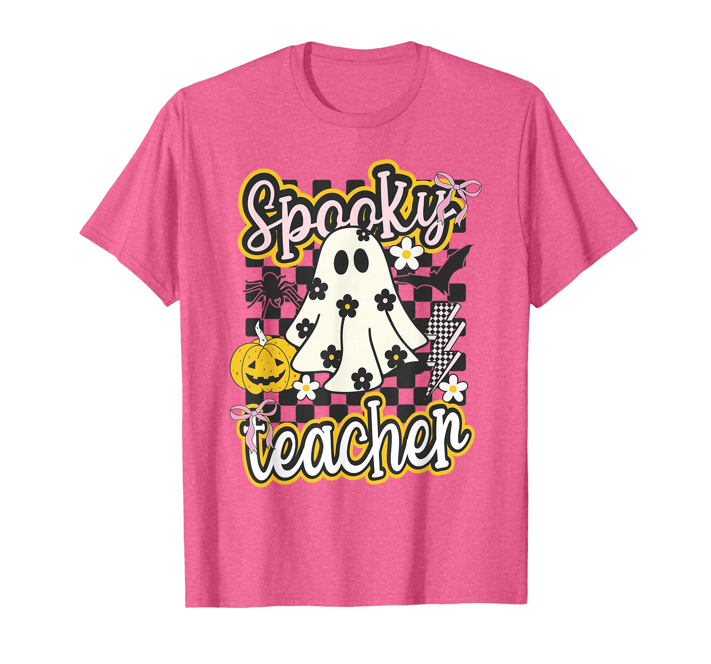 Spooky Teacher Groovy Preppy Halloween Ghost Checkered T-Shirt