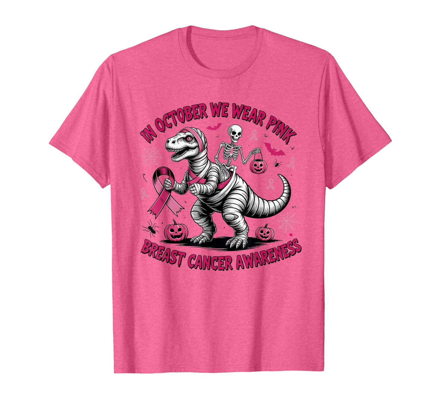 in October We Wear Pink Dinosaur Skeleton Breast Cancer T-Shirt