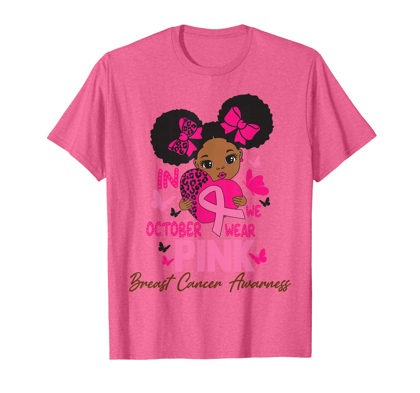 in October We Wear Pink Ribbon Black Girl Kids Breast Cancer T-Shirt