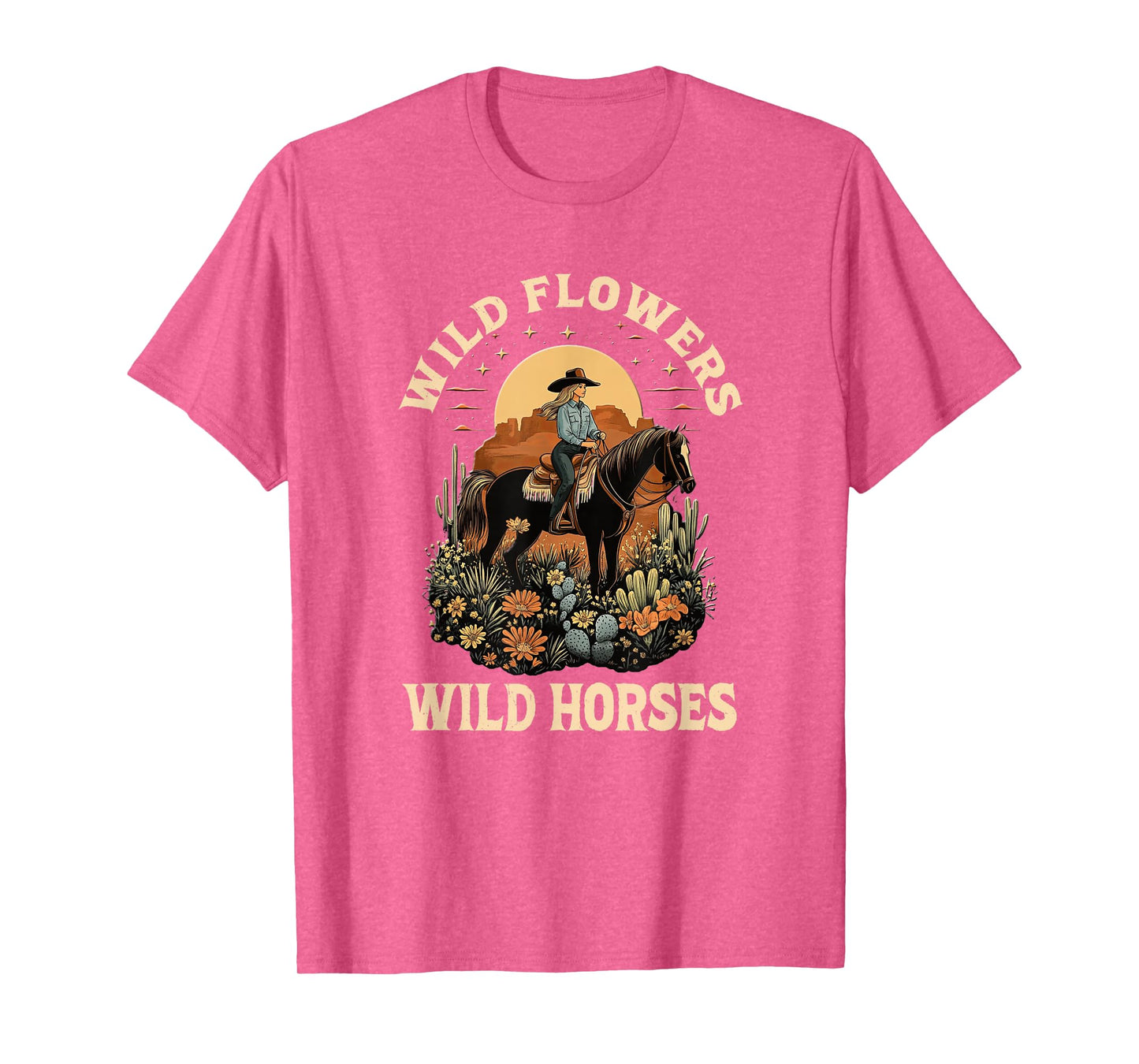 western sunset cowgirl riding horse wild flowers wild horses T-Shirt