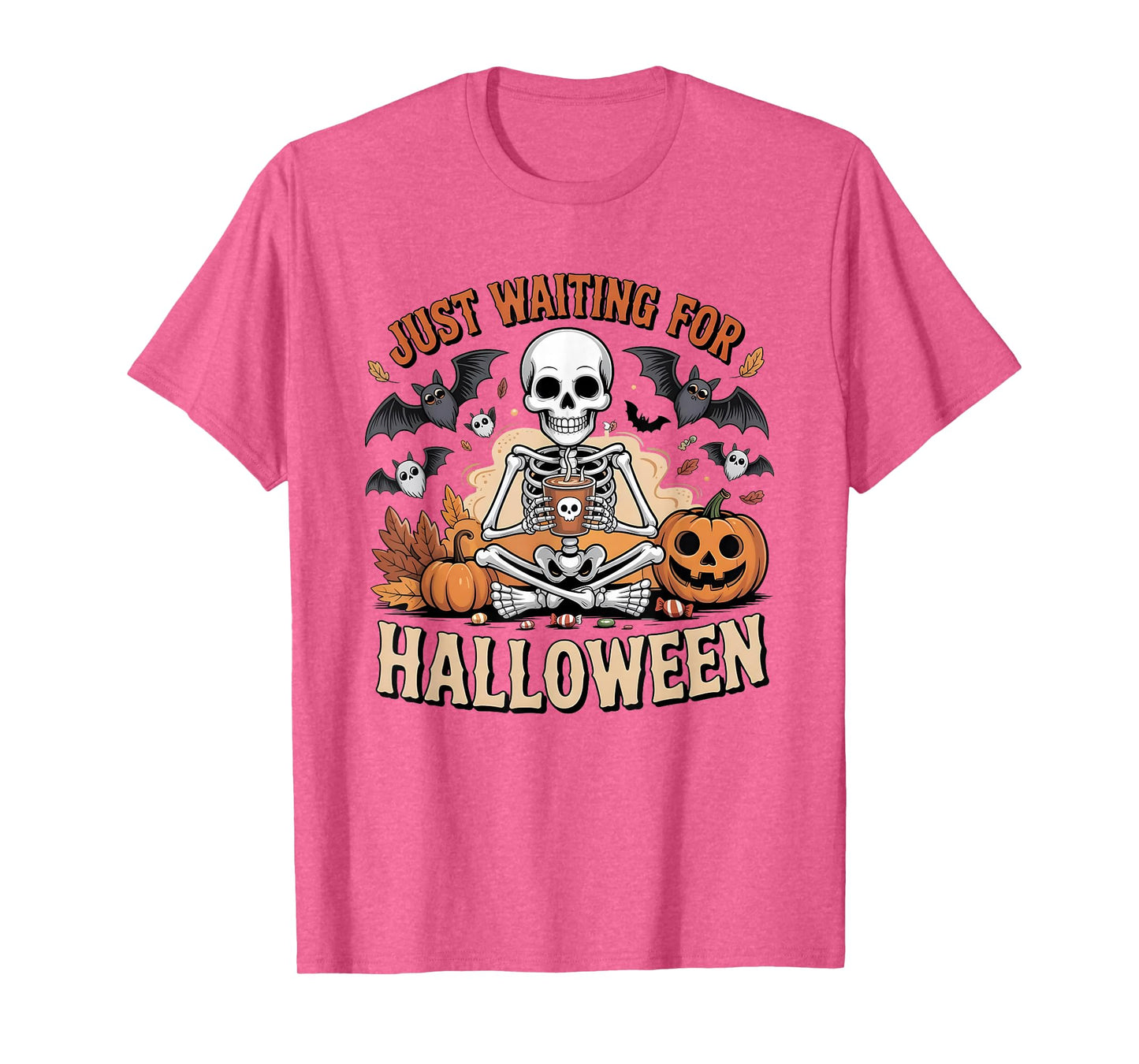 Just Waiting for Halloween Skeleton Pumpkin Spooky Fall T-Shirt