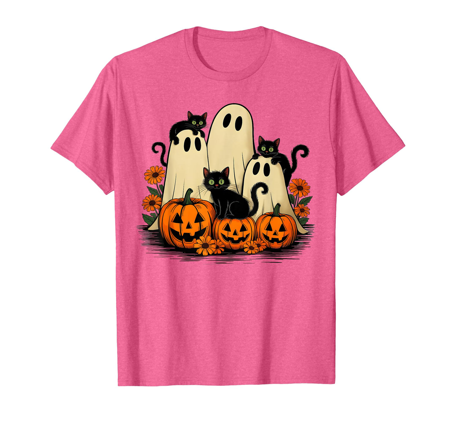 Retro Floral Ghost Coquette Bow Pumpkin Halloween Black Cat T-Shirt