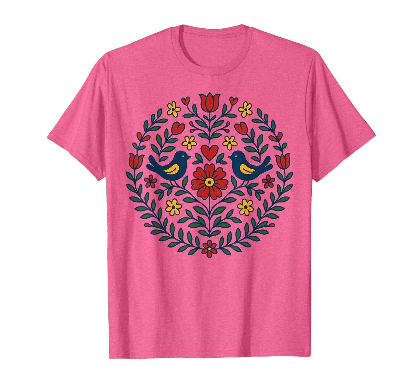 Folk Art Birds Heart Flowers Mandala Polish Style T-Shirt