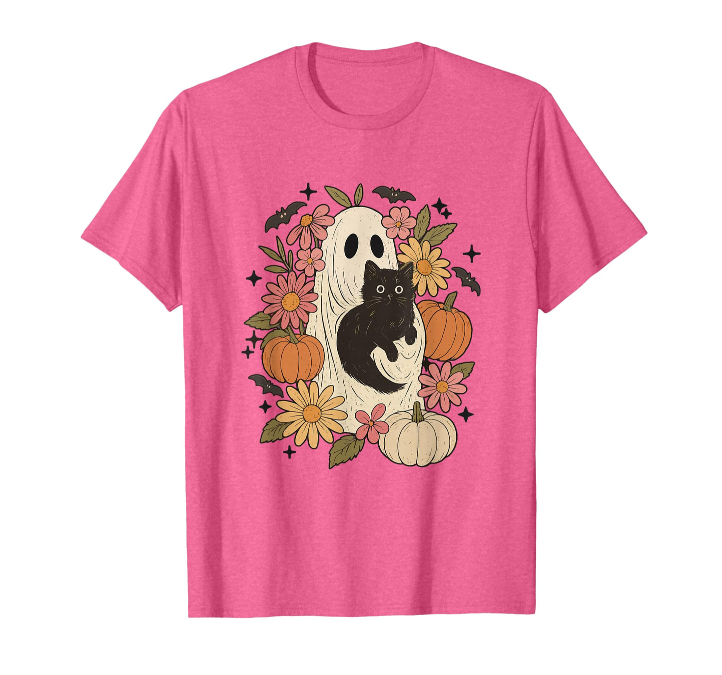 Spooky Vibes Floral Black Cat Ghost Halloween Pumpkin Spooky T-Shirt