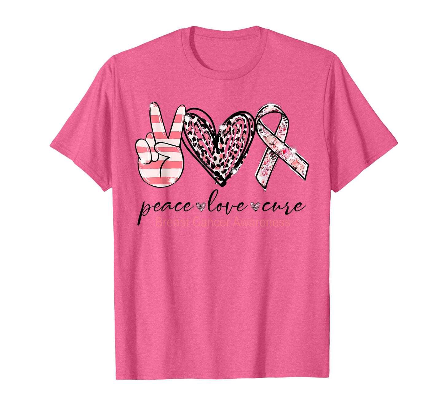 Peace Love Cure Leopard Pink Ribbon Breast Cancer Awareness T-Shirt