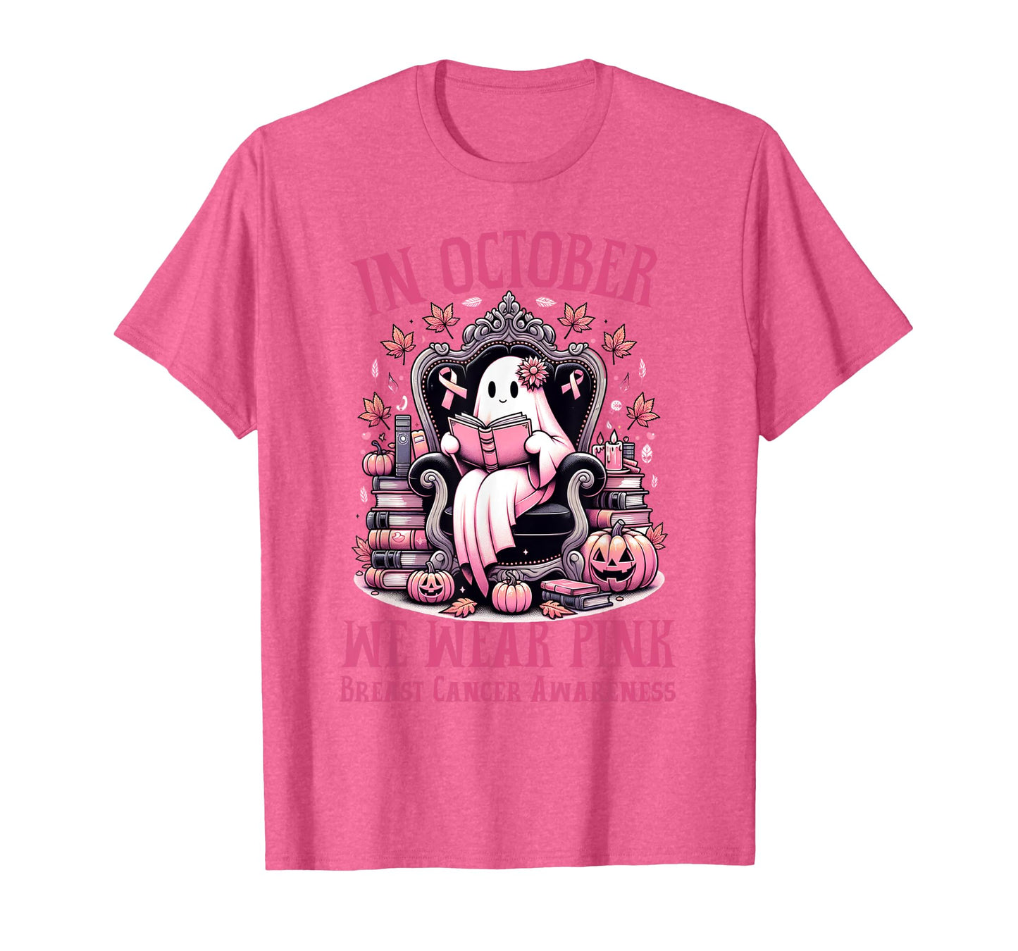 In October We Wear Pink Ghost Book Reading Breast Cancer T-Shirt