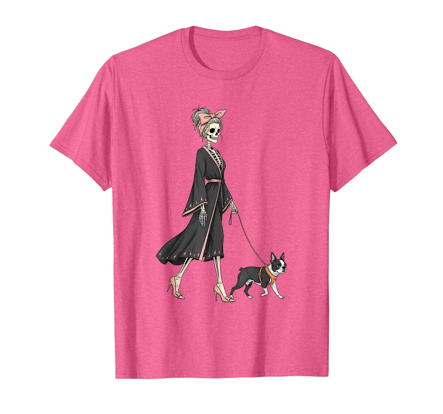 Skeleton Boston Terrier Dog Walking Halloween Women T-Shirt