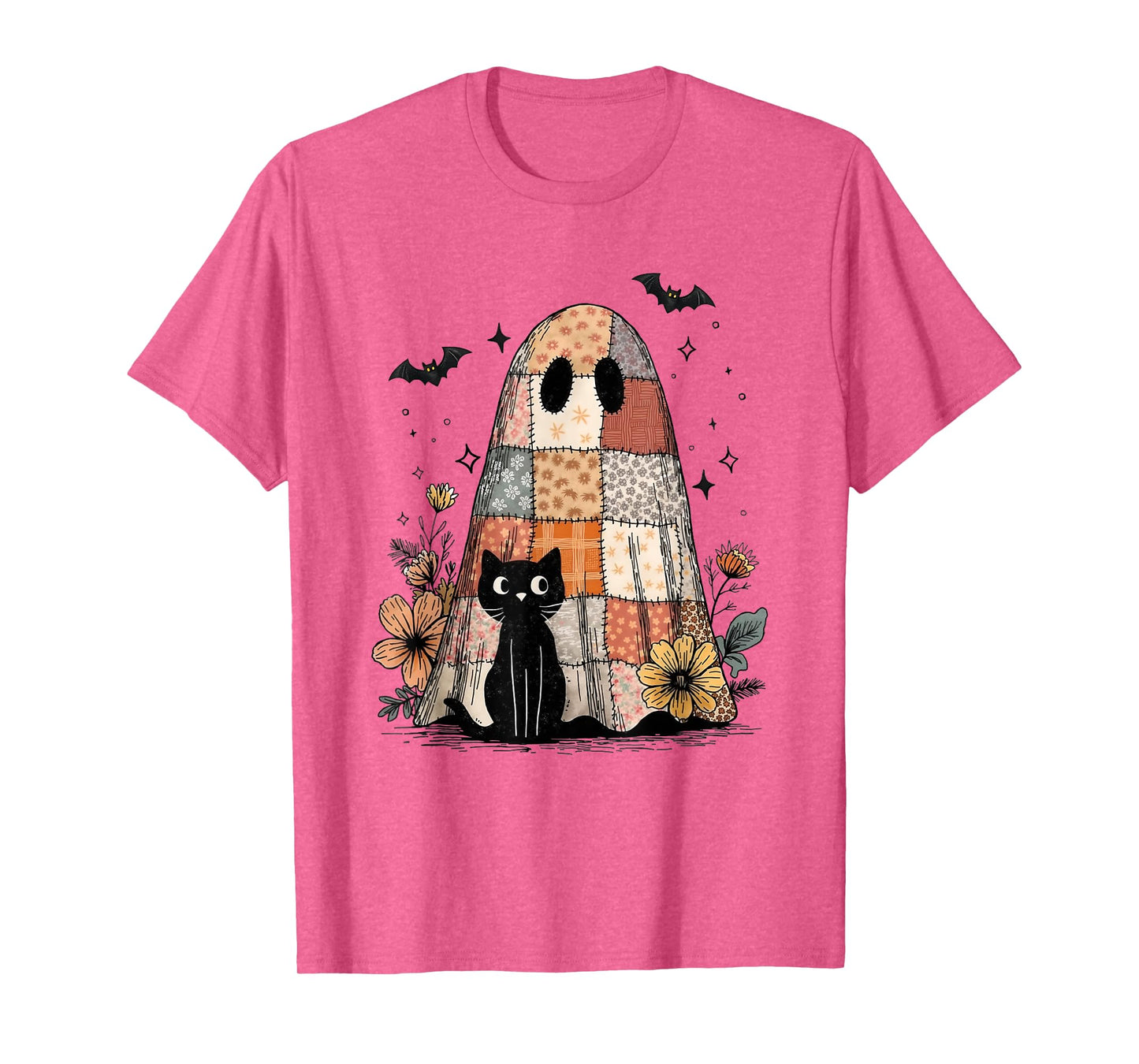 Preppy Retro Floral Patchwork Ghost and Black Cat Halloween T-Shirt
