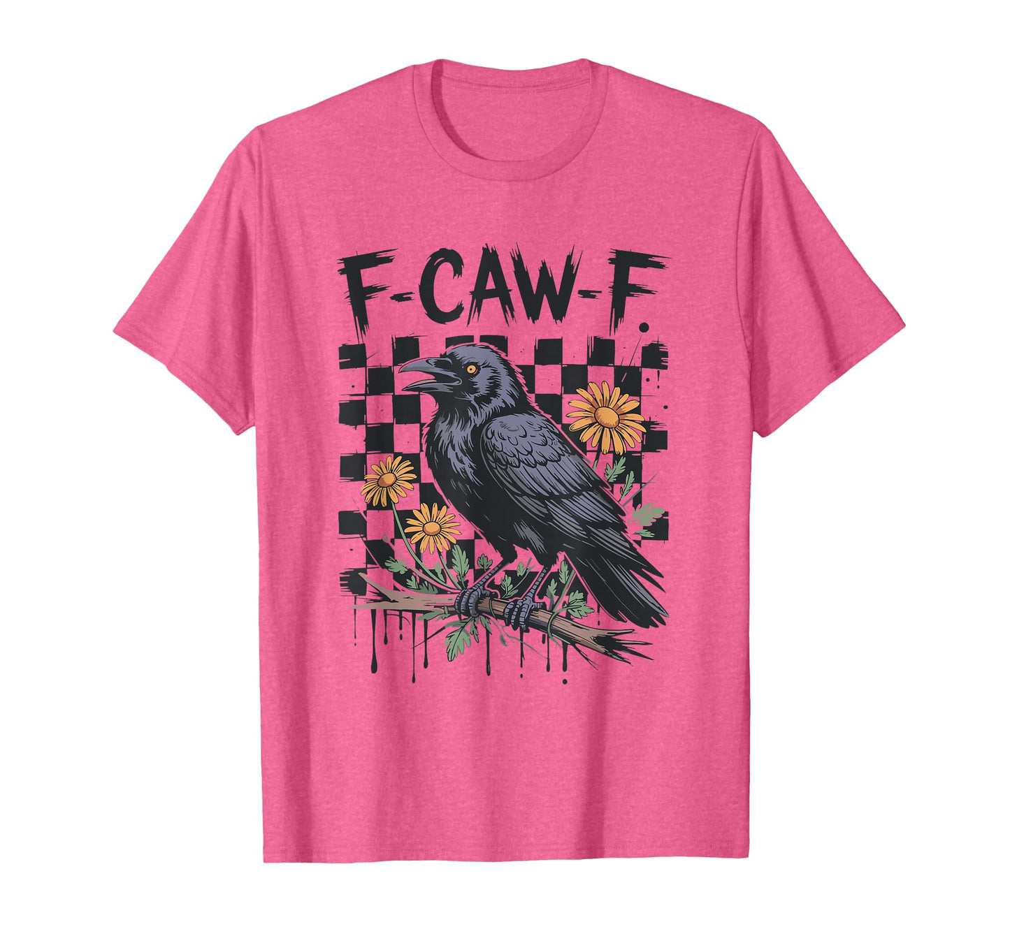 Checkered Floral Crow Raven F-CAW-F Halloween Dark Bird T-Shirt
