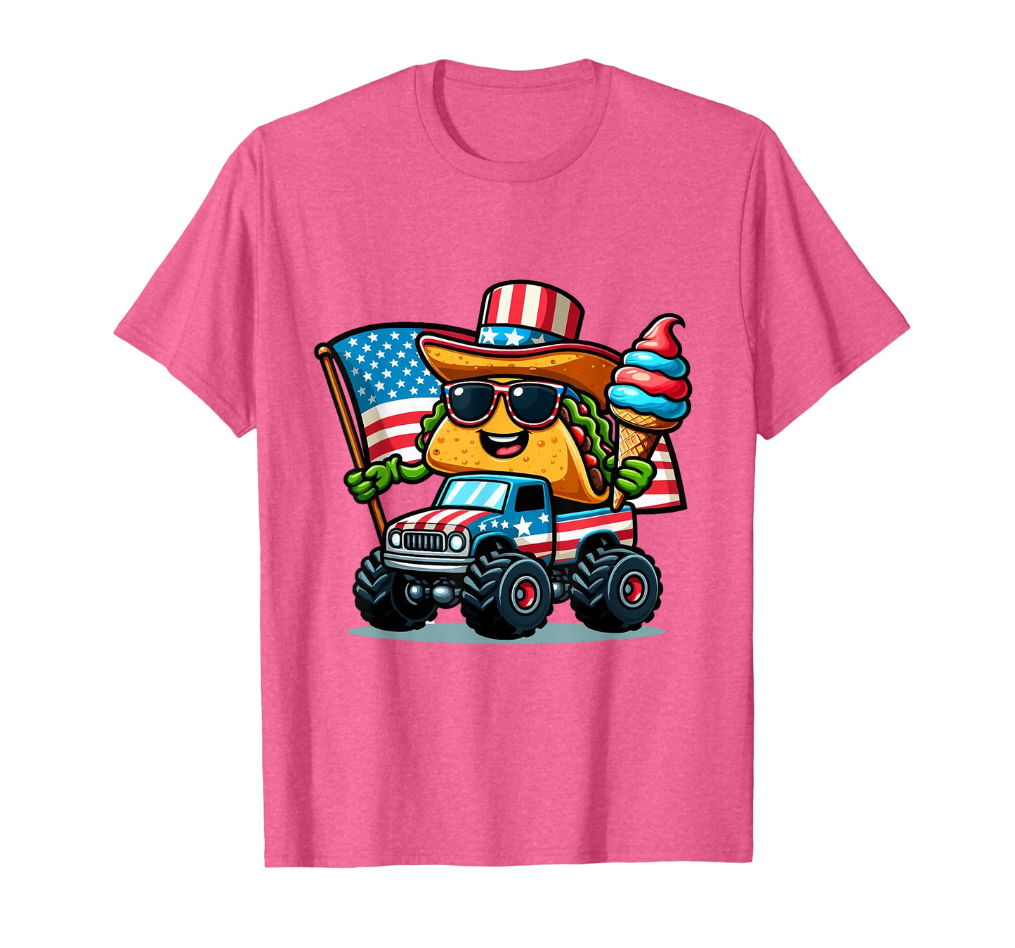 Funny Taco Riding Monster Truck holding ice cream 4 of July T-Shirt