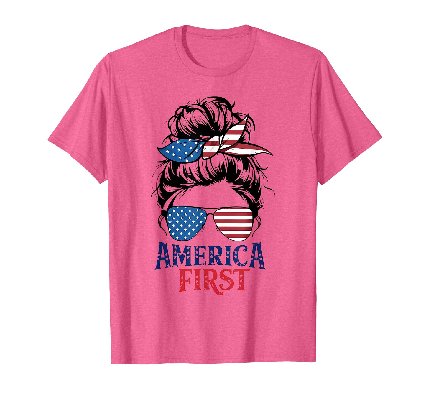 Messy Bunny Hair Girl America First Patriotic American USA T-Shirt