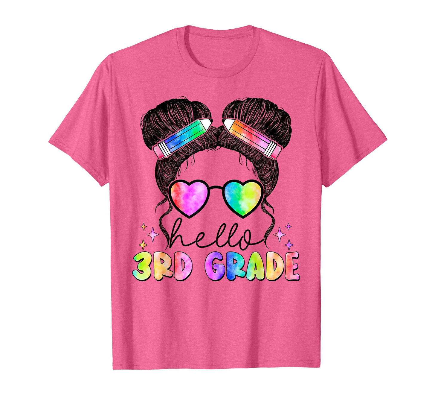 Messy Hair Bun Girl Back To School First Day Hello 3rd Grade T-Shirt