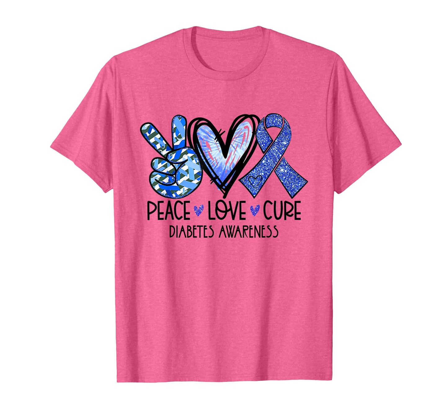 Peace Love Cure Type 1 Diabetes Awareness T1D Blue Ribbon T-Shirt