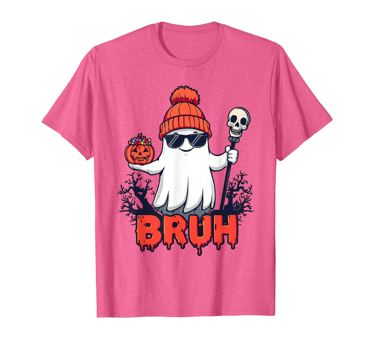 Funny Ghost Bruh Halloween with Pumpkin Trick Or Treat Candy T-Shirt