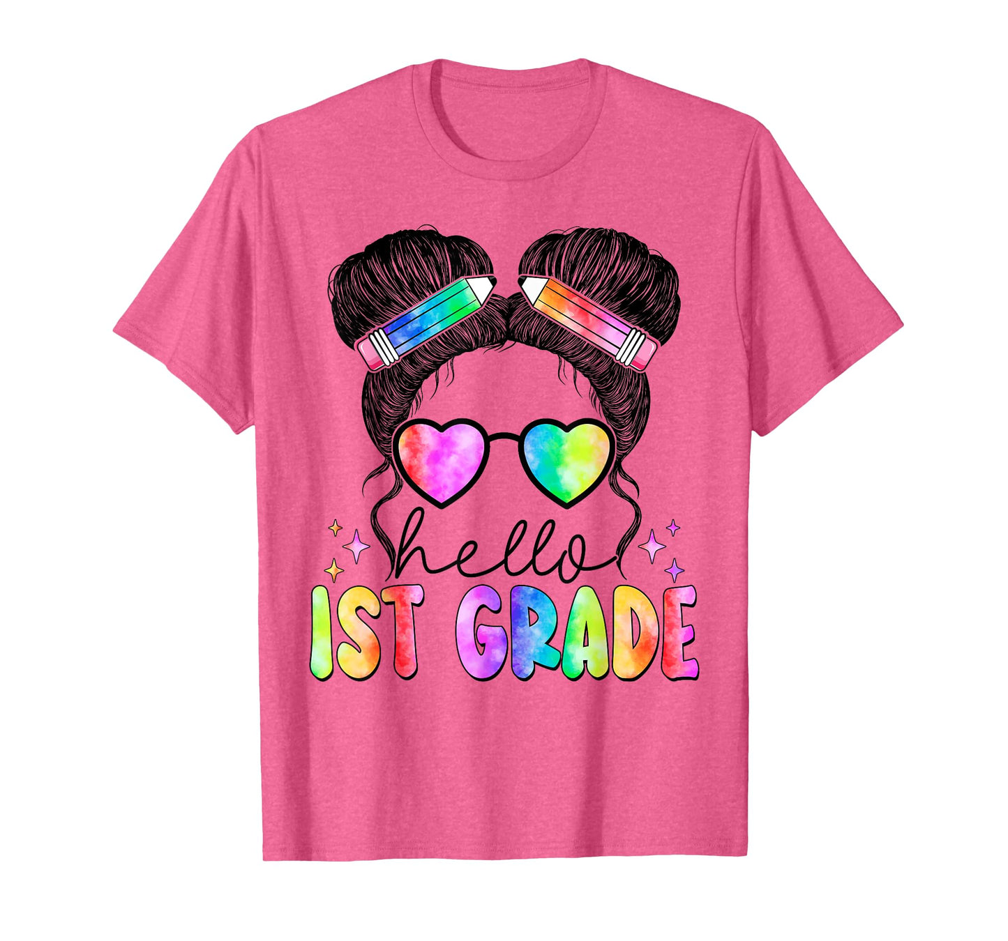 Messy Hair Bun Girl Back To School First Day Hello 1st Grade T-Shirt