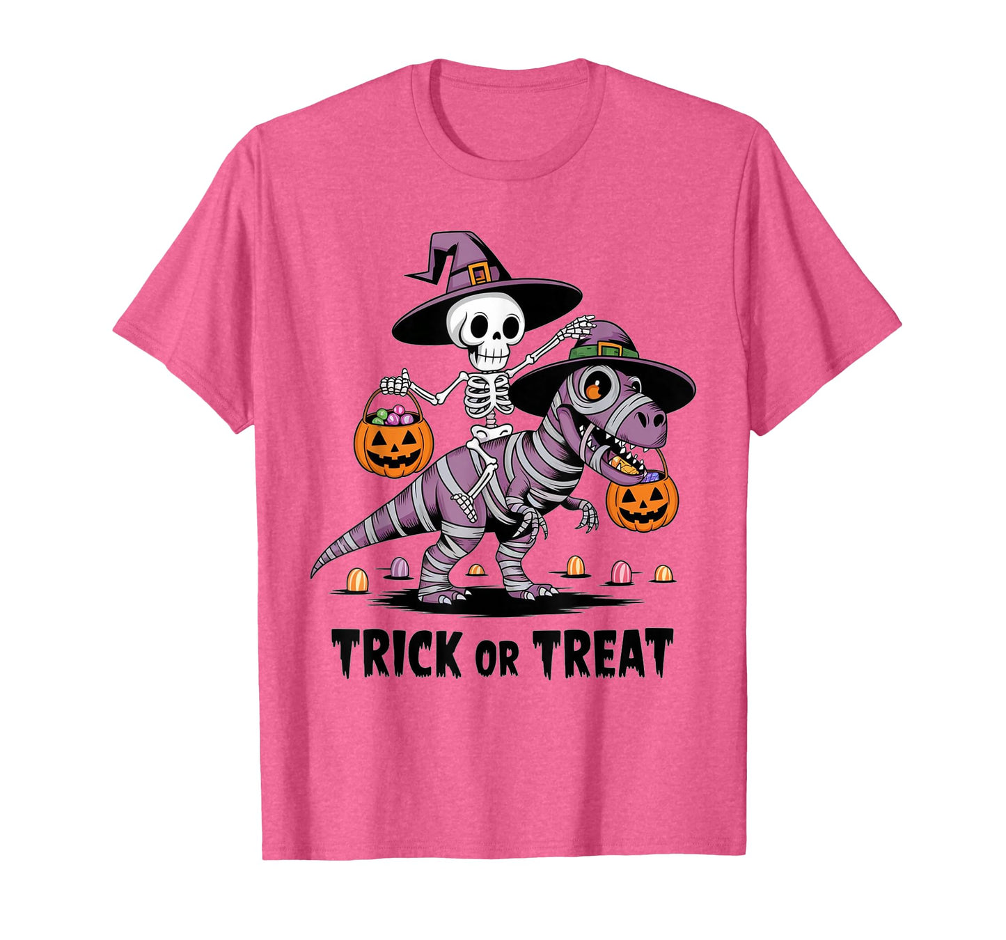 Trick or Treat Halloween Skeleton Riding Mummy Dinosaur Kids T-Shirt