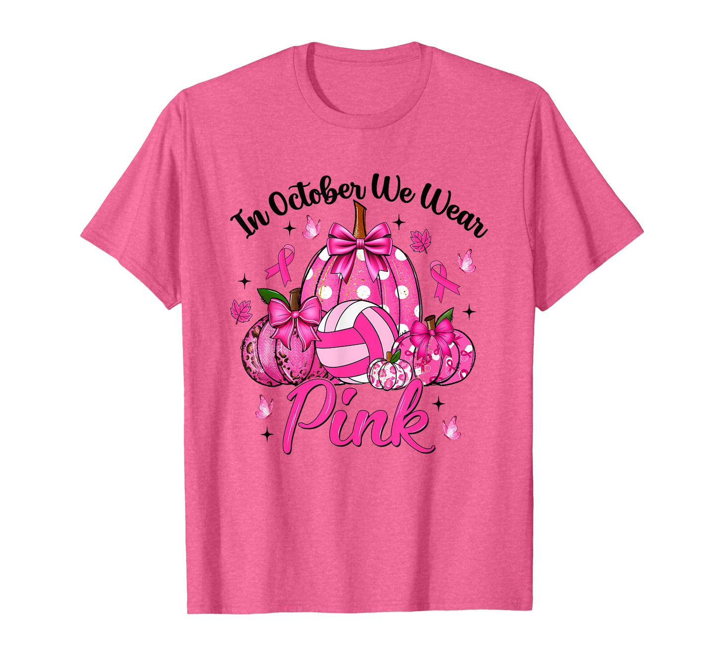 in October We Wear Pink Volleyball Pumpkin Breast Cancer T-Shirt