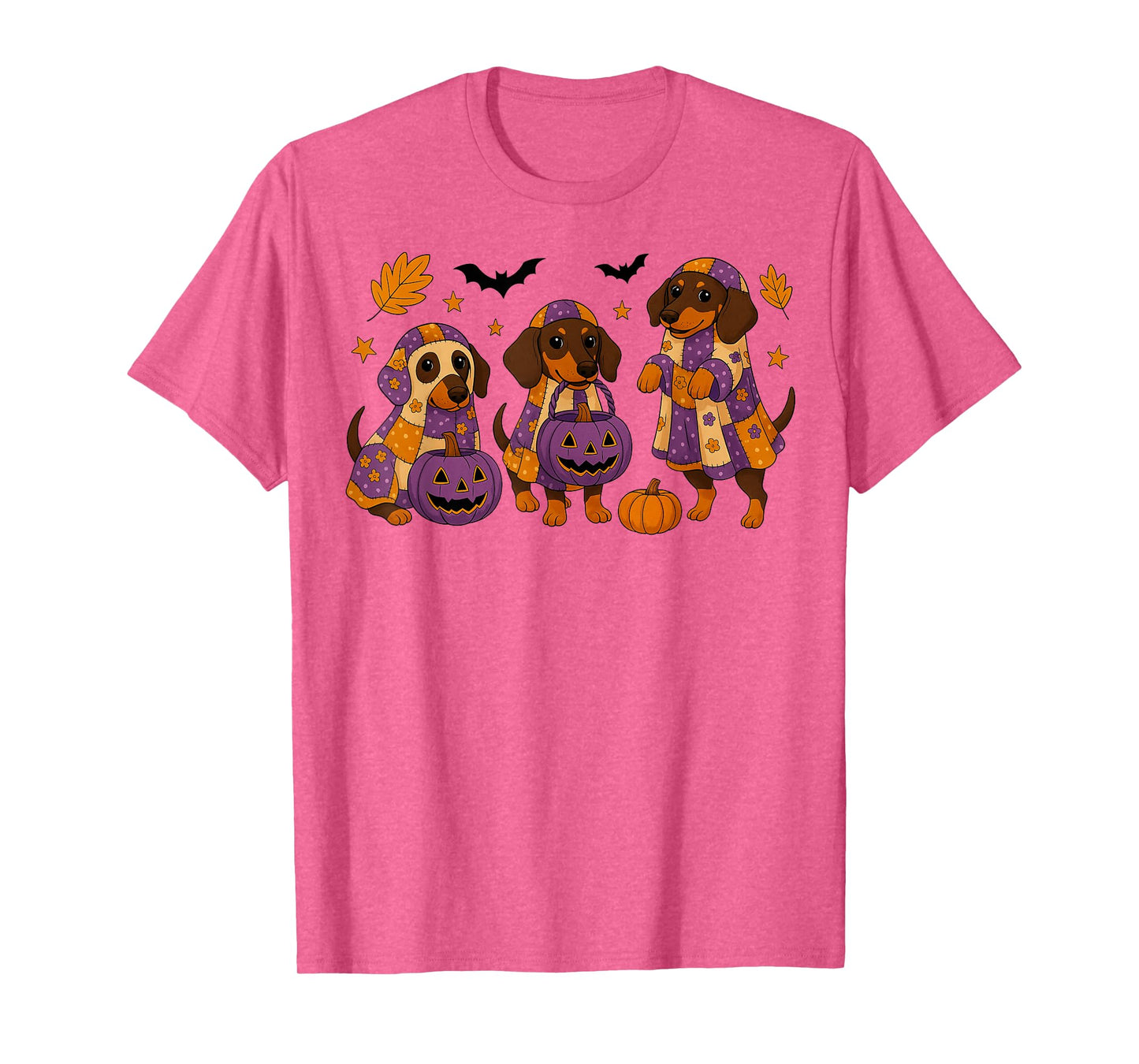 Retro Patchwork Dachshund Dog Ghosts Pumpkins Halloween Kids T-Shirt