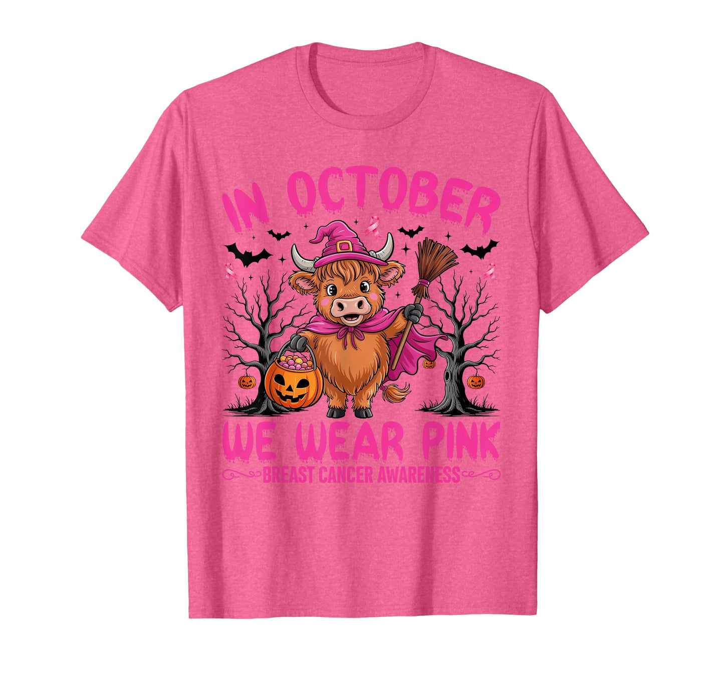 Highland Cow In October We Wear Pink Breast Cancer Halloween T-Shirt