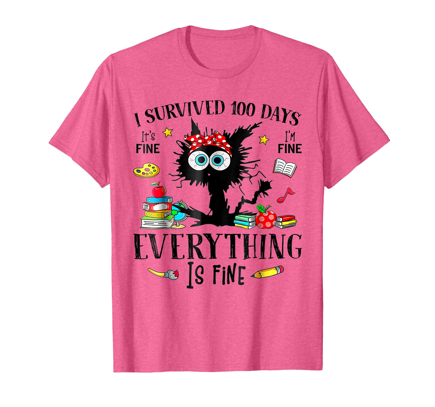 I Survived 100 Days Of School Teacher & Kids Funny Cat T-Shirt