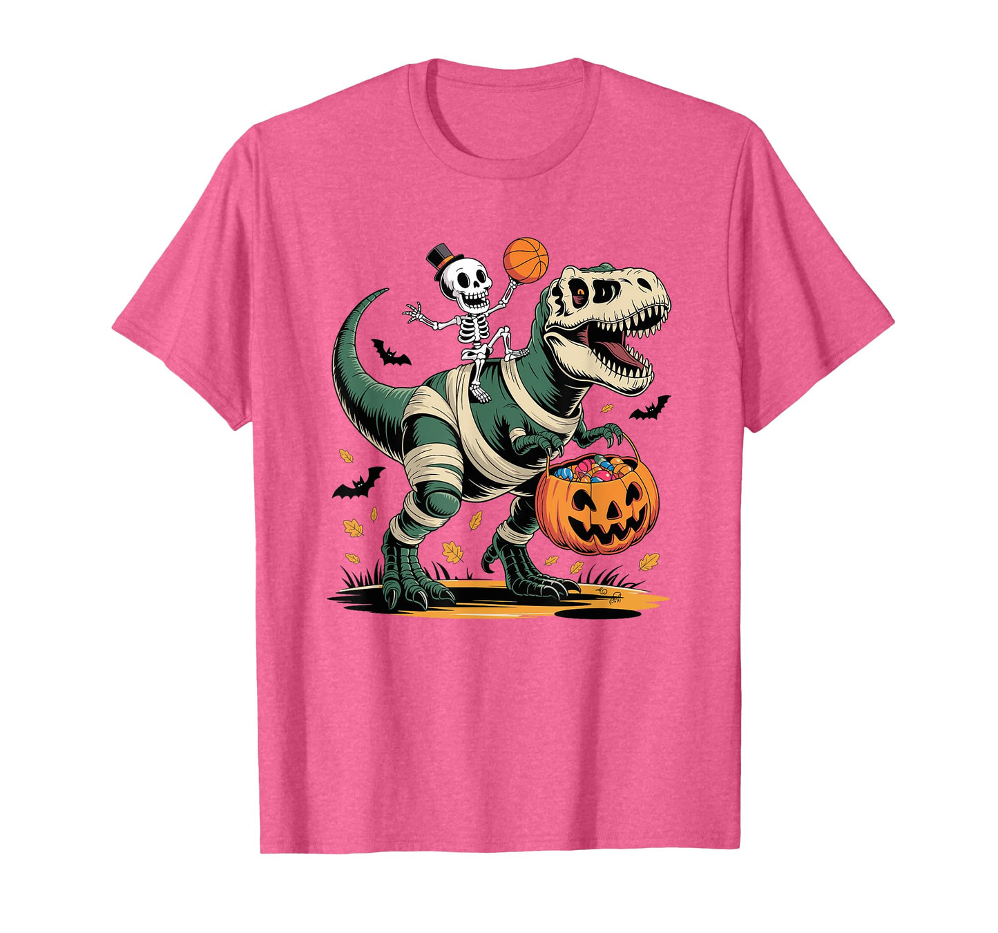 Basketball Skeleton Riding Mummy Dinosaur T-Rex Halloween T-Shirt
