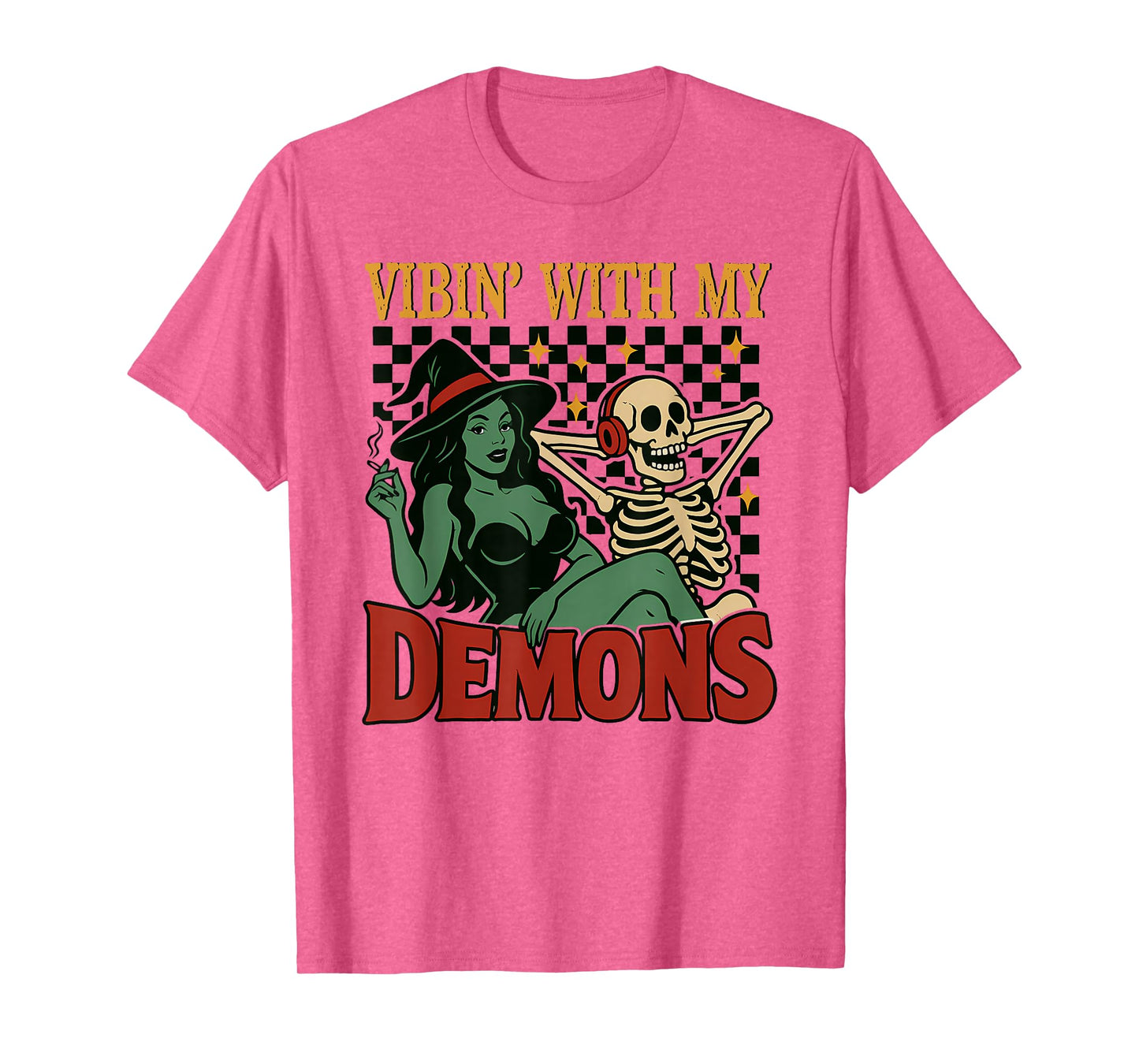 Vibin with My Demons, Retro Witch and Skeleton Halloween T-Shirt