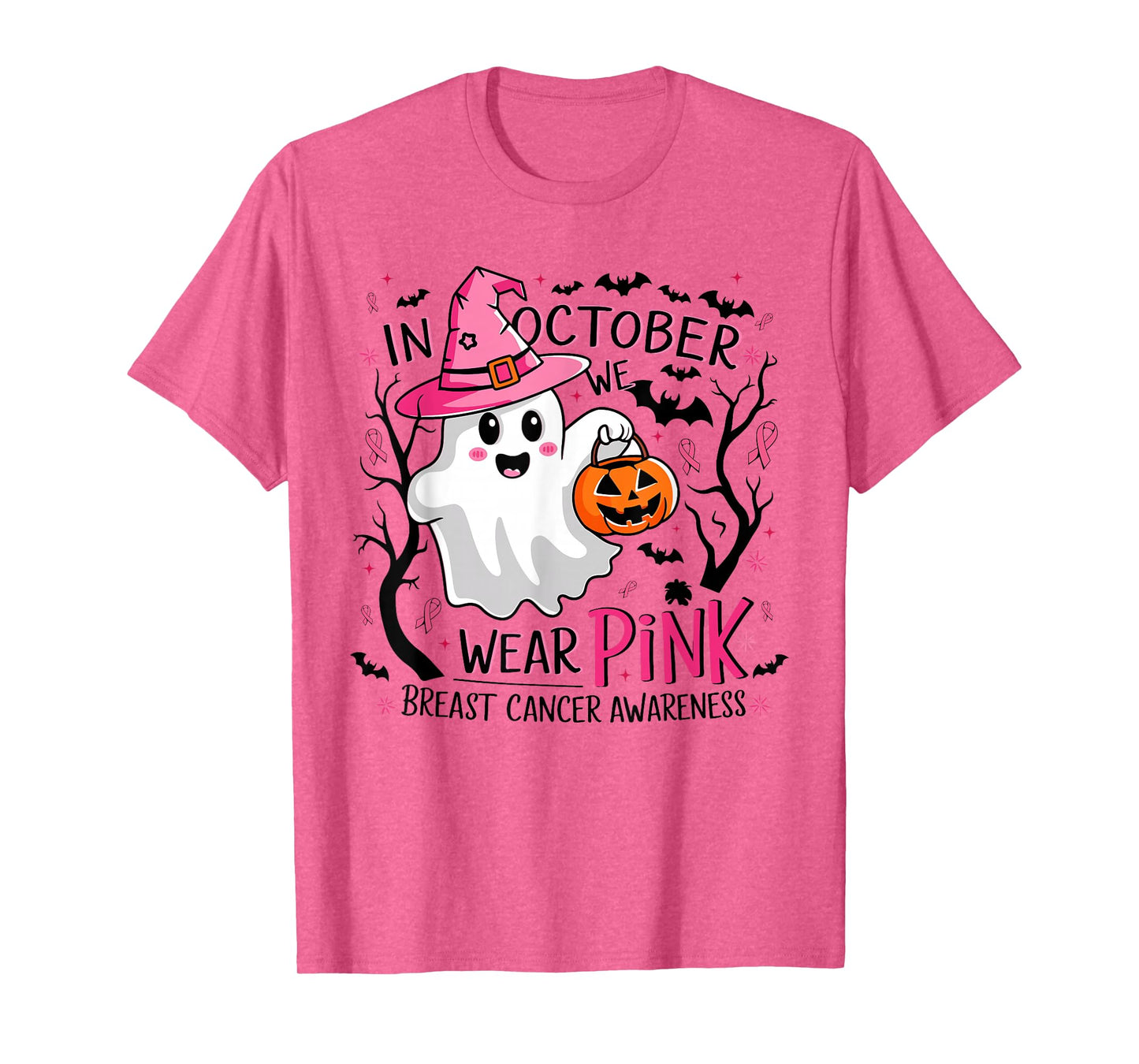 In October We Wear Pink Ghost Witch Breast Cancer Awareness T-Shirt