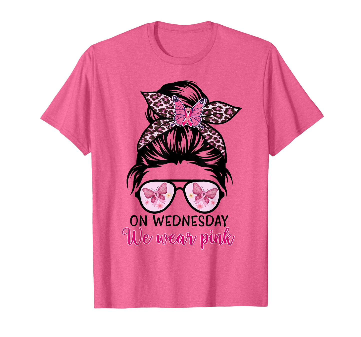 On Wednesday We Wear Pink Messy Bun, Leopard Breast Cancer T-Shirt